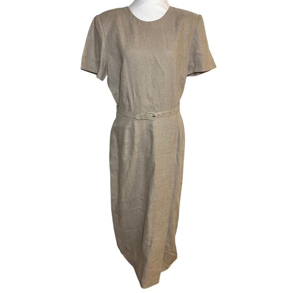 Vintage‎ Maggy London 100% Linen Maxi Dress Beige Size 10 Belt 80s 90s Business - Picture 1 of 15